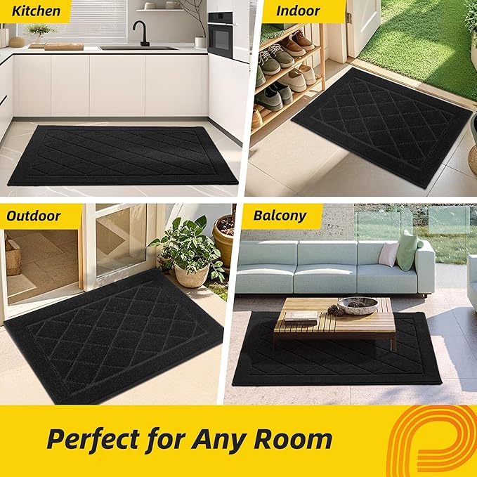 JSEI Dirt Trapper Door Mat 36"x60", Non-Slip Washable Entryway Mats, Dog Door Mat, Stain Resistant and Absorbent Floor Mats, Low Profile Welcome Mat for Front Back Door, Black