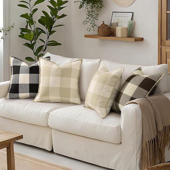 decorUhome Buffalo Plaid Check Throw Pillow Covers 18x18 Set of 2, Outdoor Decorative Farmhouse Neutral Pillow Covers with Stitched Edge for Bed Couch Sofa, Black and White