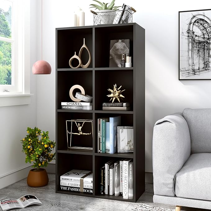 8-Cube Storage Shelf Bookcase - Wooden 4-Tier Floor Standing Open Bookshelf, Modern TV Stand up to 55 Inchs for Home and Office, Black