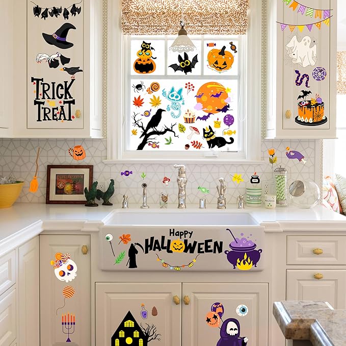 Halloween Window Clings - Halloween Decorations Static Window Stickers for Glass, Removable Large Double-Sided Window Decals for Indoor Home Decor, Bat Fall Cute Party Gift, 65 PCS/9 Sheet