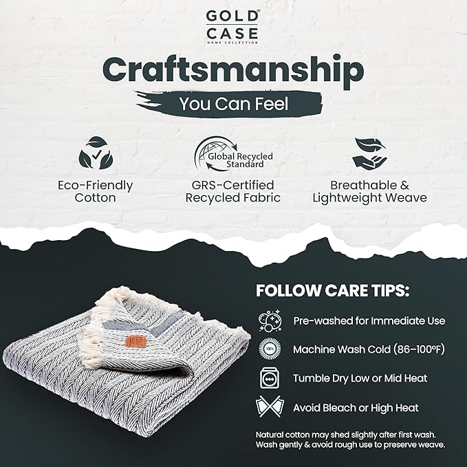 Gold Case Throw Blanket for Couch – 100% Recycled Turkish Cotton Blankets & Throws – Elegant Decorative Throw Blankets for Living Room Sofa – Woven Throws for Couch – Vintage Navy Blue – 60x80