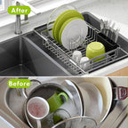 Dish Drying Rack in Sink, Expandable Stainless Steel Dish Drainer for Kitchen Sink, Dish Strainer Rack, Retractable Over Sink Dish Rack with Utensil Holder, 13.1''~16.6''D x 11.8''W, Silver