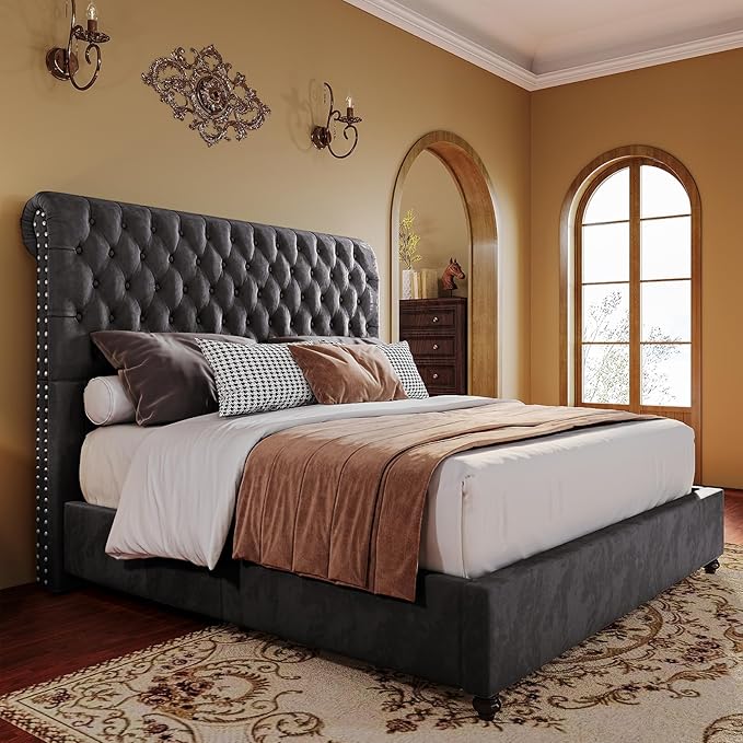 PaPaJet King Size Bed Frame and Headboard Upholstered Bed Frame King with 52.8” Tall Headboard/Dark Grey