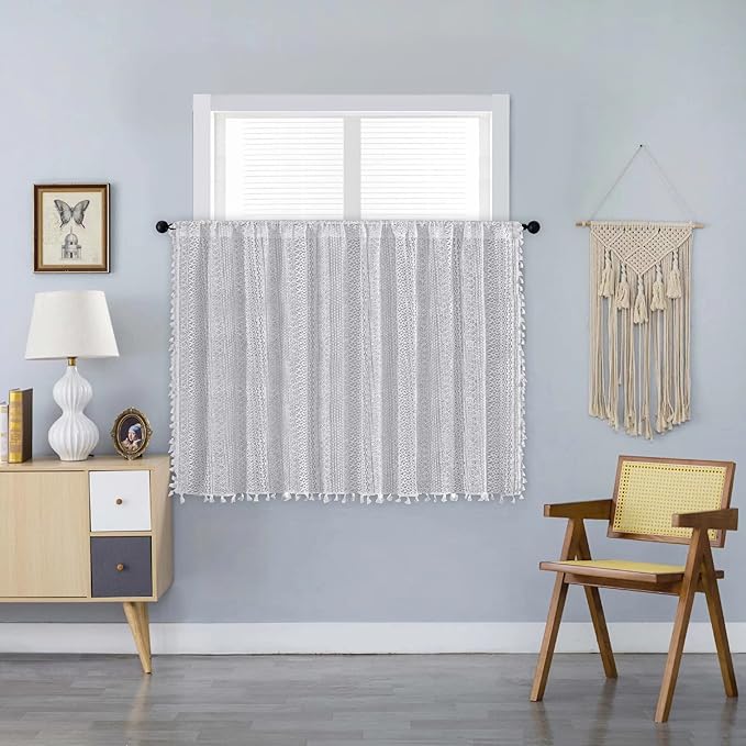 Sutuo Home Boho Sheer Curtain Valance Tier Crochet Lace with Bohemian Hollow Knitted Handmade Tassels, Short Farmhouse Window Treatment for Kitchen Cafe, Rod Pocket, 1 Panel 59" W x 36" L, White