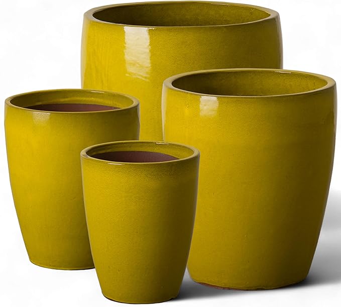 Emissary Bullet 14 in. Mustard Yellow Ceramic Round Planter (14 in. L x 14 in. W x 15.5 in. H) with Drainage Hole