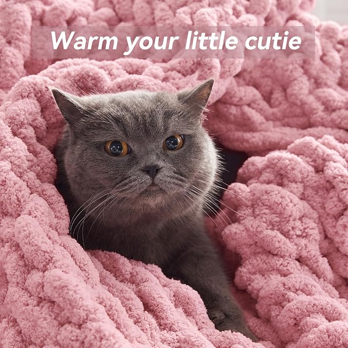 Chunky Knit Throw Blanket, 60''*80'' Knitted Throw Chenille Yarn for Bed Couch, Handmade Light Pink Crochet Big Thick Blanket, Machine Washable Cute Comfy Blanket for Home Decor