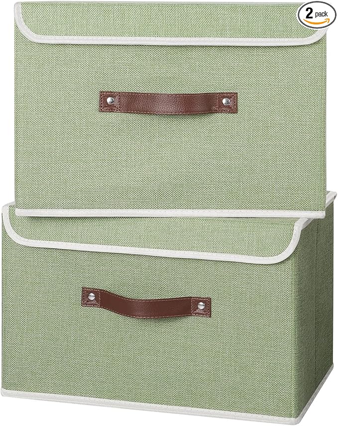 ANMINY 2PCS Storage Bins with Lid PU Leather Handles Storage Boxes PP Plastic Board Decorative Foldable Lidded Cotton Linen Fabric Home Cubes Baskets Closet Organizer Containers - Green, Large Size