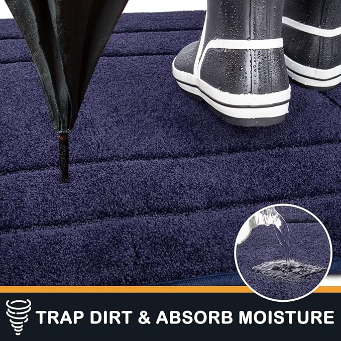 PURRUGS Dirt Trapping Door Mat 32" x 70", Non-Slip/Skid Machine Washable Entryway Rug, Dog Doormat, Super Absorbent Welcome Mat for Muddy Wet Shoes and Paws, Navy Blue