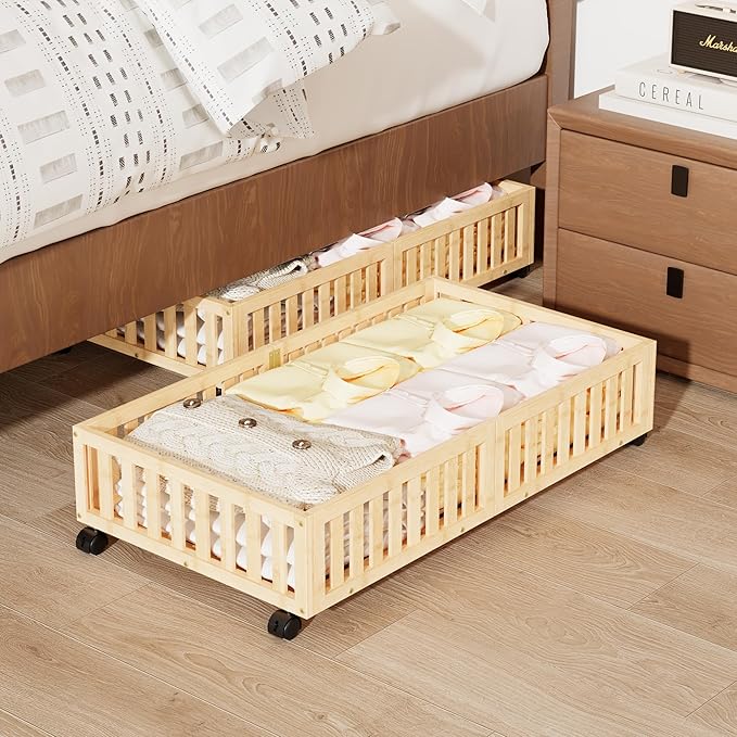 Bamboo Under Bed Storage with Wheels (2-Pack) – Rolling Underbed Shoe Organizer Box for Shoes, Blankets, Toys, Clothes Container Space-Saving Organizer Bins for Bedroom, Closet, Dorm, Nursery