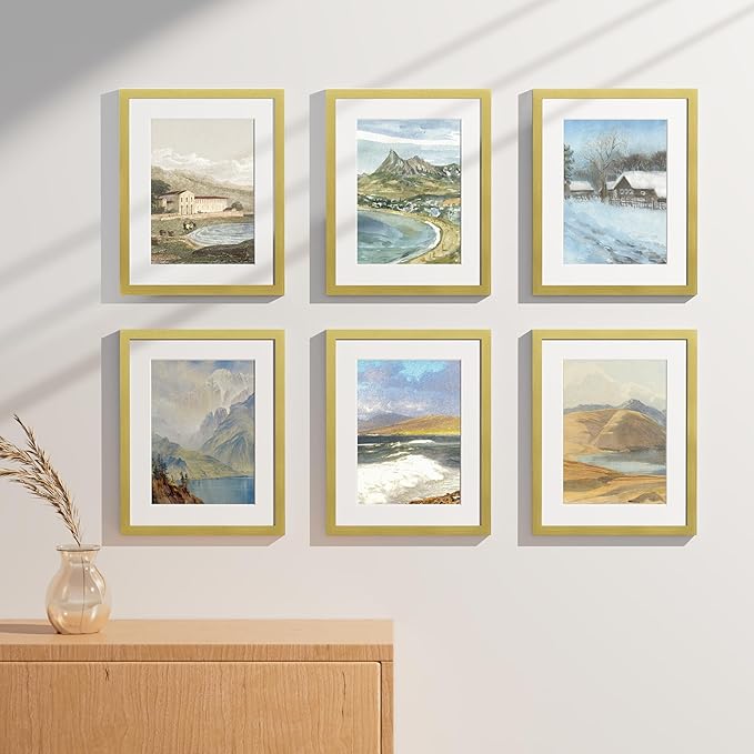 Vittanly 11x14 Picture Frames Set of 9, Shatter Resistant Plexiglass, Display 8x10 Pictures with Mat or 11x14 without Mat, Photo Frames for Wall or Tabletop, Engineered Wood, Gold