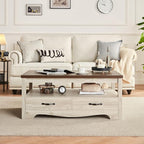 LINSY HOME Farmhouse Coffee Table with Storage, Wood Coffee Table for Living Room, Open Display Area and Storage Drawers with Metal Handles, Chic Style with Curved Base. Oak and Brown
