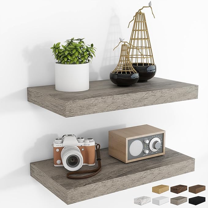RICHFOCUS 16Inch Floating Shelves for Wall 2 Pack Shelves for Bedroom|Kitchen|Bathroom Wall Mounted Rustic Wood Floating Shelf with Invisible Brackets for Books|Storage|Decor, Grey