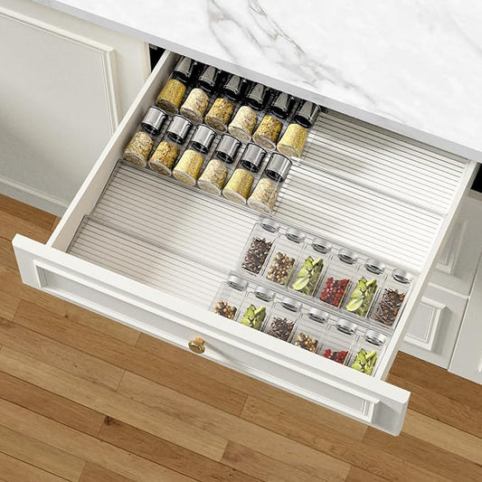 AMBIRD Spice Drawer Organizer, 4 Tier-2 Set Clear Spice Rack Tray Expandable From 11'' to 22'', Seasoning Organizer with non-slip tape for Kitchen, Cabinet, Drawers, Countertop(JARS NOT INCLUDED)
