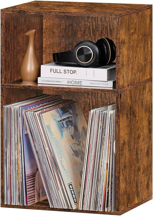 LEYAOYAO 2 Cube Bookshelf,Brown Record Player Stand Holds up to 100 Albums, Mini Wood Book Shelf Storage Organizer,Turntable Stand with Vinyl Storage Cabinet, Narrow Open Bookcase for Small Spaces