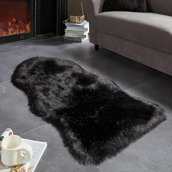 AMTOVO Faux Fur Rug, Black Area Rug, Fluffy Sheepskin Rug, Fuzzy Ultra Soft 2 x 4 ft Shag Rugs for Bedroom Sofa Throw Cushion Room Decor, Sheepskin