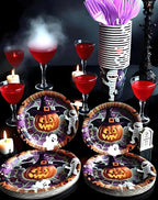 Halloween Paper Plates,Cups,Forks(96Pcs)-Disposable Party Plates Heavy Duty,Party Supplies Tableware Set|Paper Plates 9 inch & 7 inch,Spooky Decor(Flying Pumpkin,Ghost,Zombie,Bat) for Kids Halloween