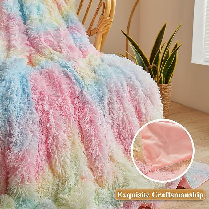 XeGe Plush Faux Fur Rainbow Throw, Tie Dye 50x60 Shaggy Furry Blanket, Fluffy Microfiber Velvet Couch Throw, Soft Colorful Fuzzy Lap Blanket for Girls Teens Women Kid Rainbow Print
