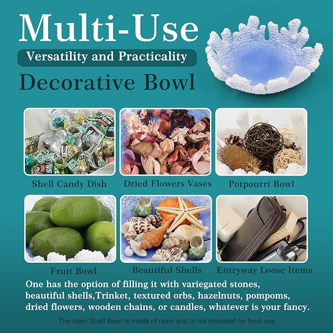 Santorini Blue Coral reef Textured Decorative Bowl,9.45" Medium Resin Decorative Centerpiece Bowl for Coastal Beach theme house table centerpiece decorations & Nautical decorations for coffee table