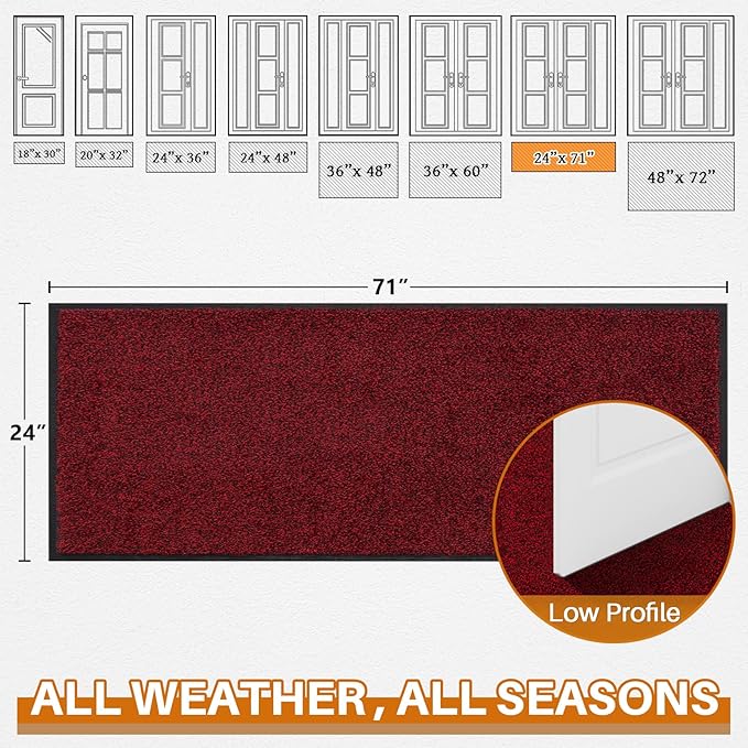 Mibao Front Door Mat, Dirt Trapper Welcome Mat for Outdoor Indoor, Non-Slip Waterproof Doormat, Durable Machine Washable Low Profile Entry Rug for Back Door Outside Patio Porch, 72" x 24", Red