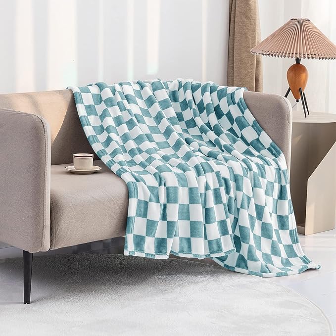 LOMAO Throw Blankets Flannel Blanket with Checkerboard Grid Pattern Soft Throw Blanket for Couch, Bed, Sofa Luxurious Warm and Cozy for All Seasons (Light Blue, 50"x60")