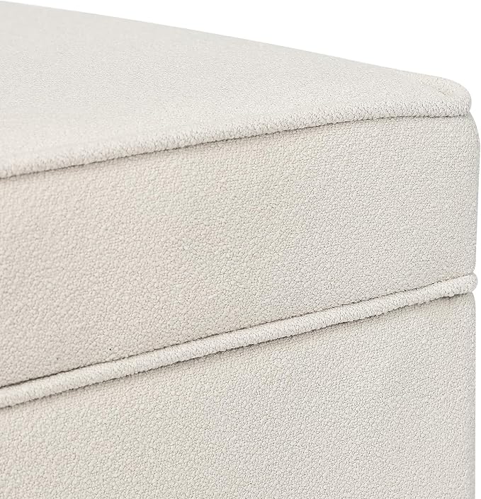 Adeco 17.5" Square Fabric Ottoman with Storage - Upholstered Cotton Linen Foot Rest - Flip Top Footstool with Sturdy Wood Legs, Small Cube Coffee Table Extra Seat for Living Room, Bedroom, White