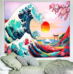 Delur Great Wave Tapestry Japanese Sunset Ocean Sea Wave Off Kanagawa Tapestry Wall Hanging Vintage Asian Anime Cherry Blossom Nature Headboard for Bedroom Living Room Home Decor (70.8" x 92.5")