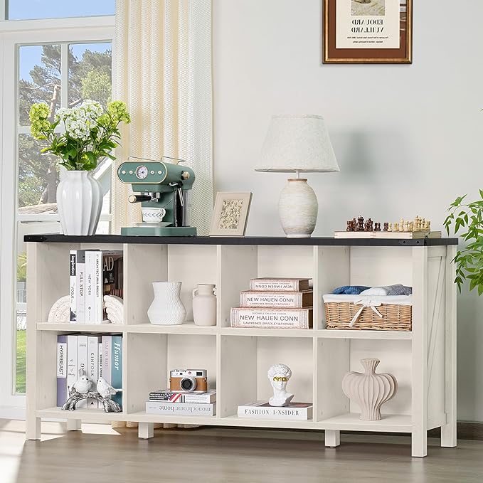 8 Cube Book Shelf, Farmhouse Wood Long Storage Organizer Bookcase, 62" Horizontal Antique White & Black Console Bookshelf, Kids Toy Storage Cabinet, Modern Open Book Case for Playroom, Office