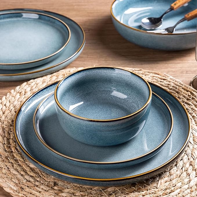 GBHOME Ceramic Dinnerware Sets for 8, 24 Pieces Stoneware Plates and Bowls Sets, Scratch Resistant Dishes, Dishwasher & Microwave Safe, Reactive Glaze-Space