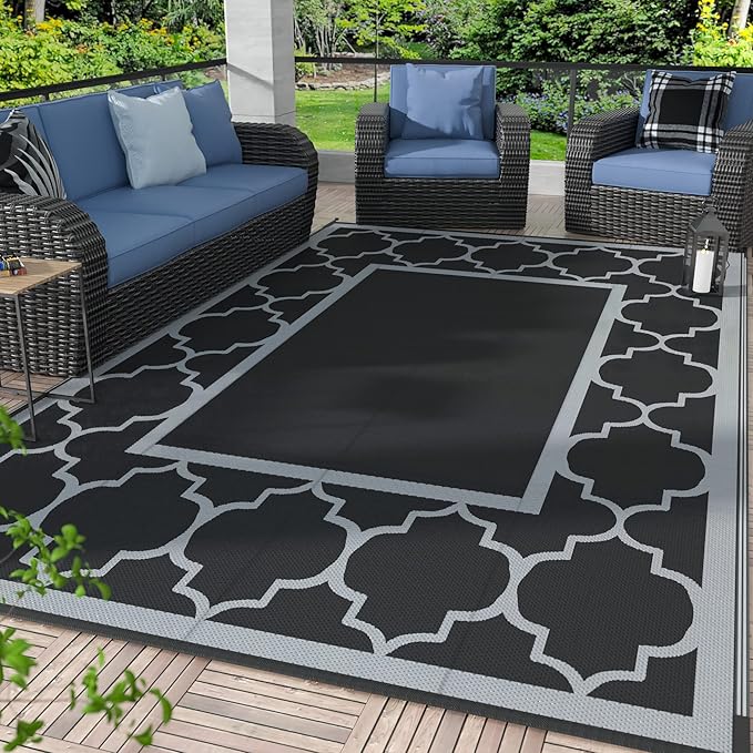 GENIMO Outdoor Rug 9' x 12' Waterproof for Patio Decor, Reversible Plastic Straw Area Rugs Mat for Camper, Outside Carpet for Camping, Rv, Deck, Porch, Picnic, Beach, Balcony, Black & Grey