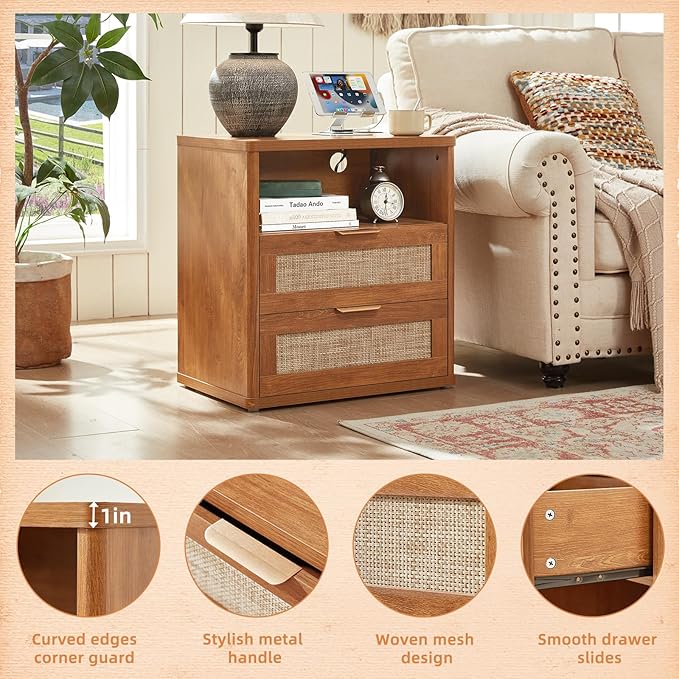 LEYAOYAO Boho Rattan Coffee Table and End Table Sets, 48" Wide Center Tables & 23" Night Stand with Charging Station Chest of Drawers, Brown Wood Coffee Table for Living Room 3 Piece Set