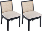VESCASA Upholstered Dining Chairs with Square Rattan Back, Armless Padded Linen Cushion Dining Chairs with Wood Legs for Dining Room, Kitchen, Set of 2, Black Frame
