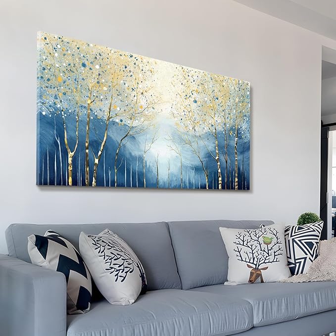 amatop Large Abstract Wall Art for Living Room Modern Tree of Life Canvas Art Print Nature-Inspired Navy Blue Wall Decor Landcape Artwork Birch Forest Picture Bedroom Office Dining Entryway 48x24 Inch