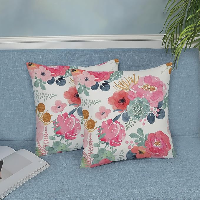 CXMEIFLY Spring Floral Pillow Covers 16 x 16 Inch Set of 2 for Watercolor Pink Flowers Decor Throw Pillows Green Leaves Plant Outdoor Decorative Cushion Cases with Zipper for Couch Bed Decorations