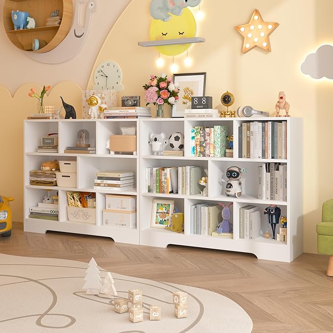 Book Shelf Set of 2, 8 Cubes Storage Organizer, 3-Tier Open Shelf Wooden Bookcase, Freestanding White Bookshelf Cube Shelf for Bedroom, Living Room, Home Office