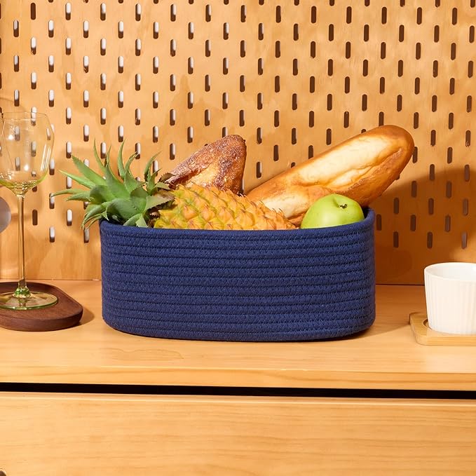 Small Storage Baskets for Organizing | Closet Organizer Bins | Shelf Toy Basket | Woven Rope Baskets | Cube Decorative Box | Shallow Basket | 11.5x7.5x4.7” | 4 Packs Navy Blue