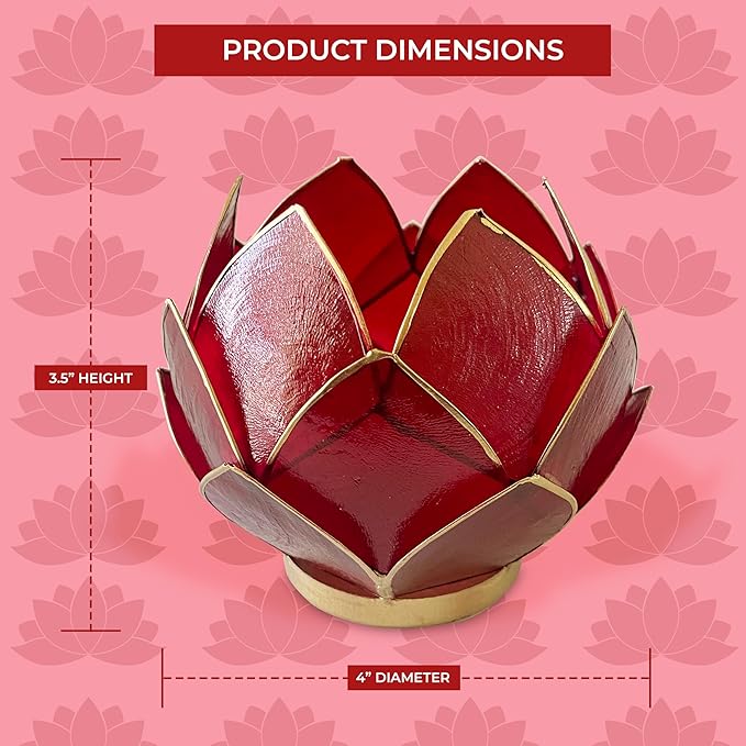 Blooming Lotus Capiz Shell Tealight Candle Holder, Handcrafted Decorative Tea Light Candleholder with Translucent Flower Petals for Ambient Illumination and Natural Elegance, Red