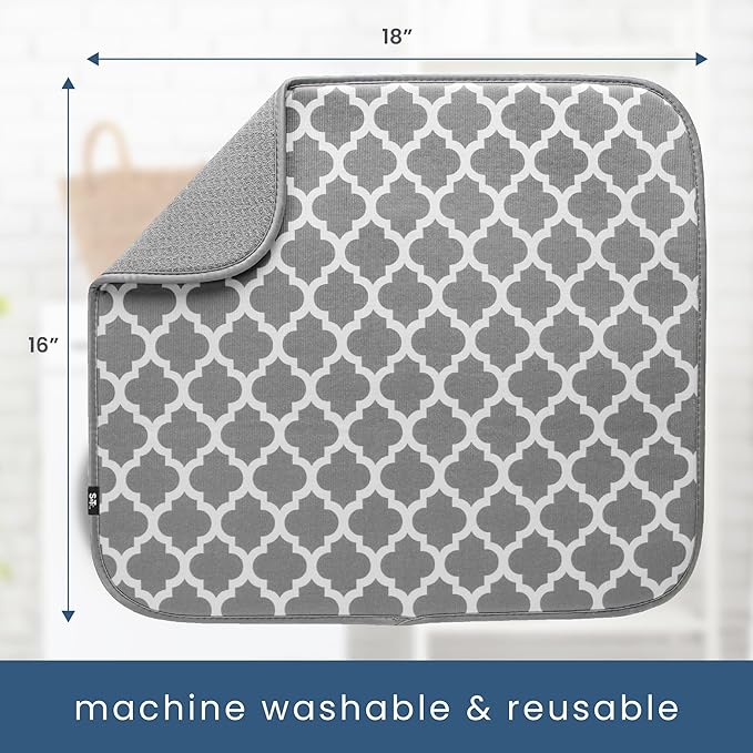 S&T INC. Dish Drying Mat, 16” x 18”, Absorbent Microfiber Kitchen Counter Mat, Dish Drying Pad for Dishes, Utensils, Pots and Pans, Large, White Trellis