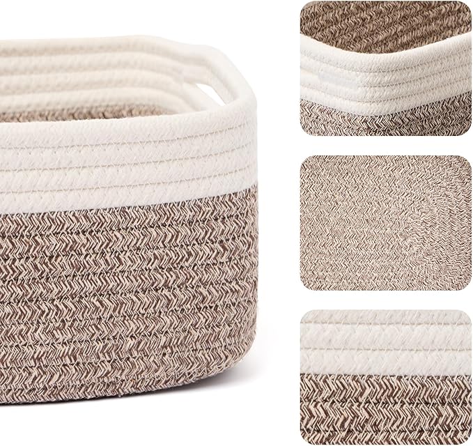 Small Storage Baskets for Organizing | Closet Organizer Bins | Shelf Toy Basket | Woven Rope Baskets | Cube Decorative Box | Shallow Basket | 13x8.5x5.1” | 4 Packs White Brown