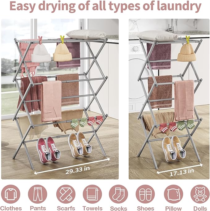 APEXCHASER Clothes Drying Rack, 3-Tier Laundry Drying Rack for Clothes, Expandable Metal Clothing Dryer, Collapsible Towel Rack, Air Drying Rack, Grey