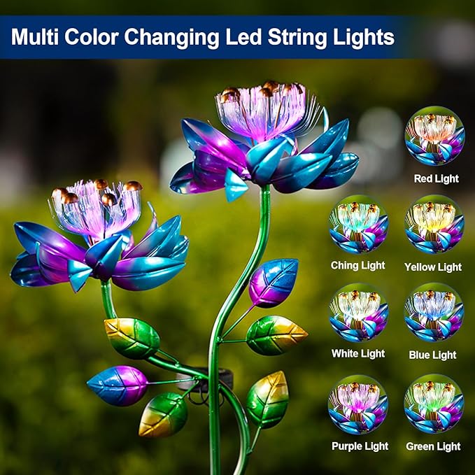 Solar Wind Spinners Blue Twin Flowers for Yard and Garden, Solar Windmill Garden Whirligig Kinetic Spinners Decor for Lawn, Patio, Yard, Metal Wind Outdoor Sculpture