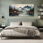 Rustic Wall Art for Living Room Large Size Teal Mountain Tree Landscape Canvas Wall Art for Bedroom Office Decor 29 x 59 Inch