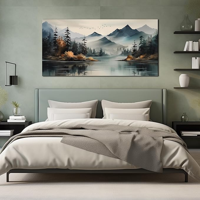 Rustic Wall Art for Living Room Large Size Teal Mountain Tree Landscape Canvas Wall Art for Bedroom Office Decor 29 x 59 Inch