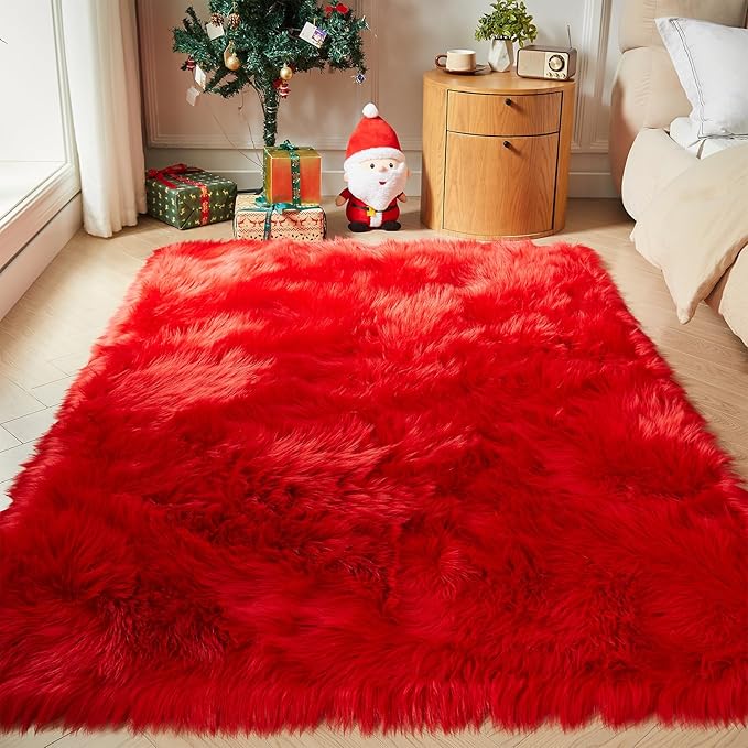 AMTOVO Faux Fur Sheepskin Rug for Living Room, 4 x 6 ft Red Fluffy Area Rug for Bedroom, Playroom, Luxury Room Decor, Rectangle
