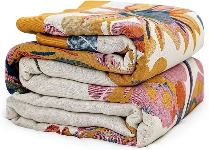 MSGKV Boho Throw Blanket 60''x80'',100% Cotton Blankets for Couch Bed,Cotton Quilt Travel Muslin Blankets Farmhouse Home Decor Soft Lightweight Picnic Blanket