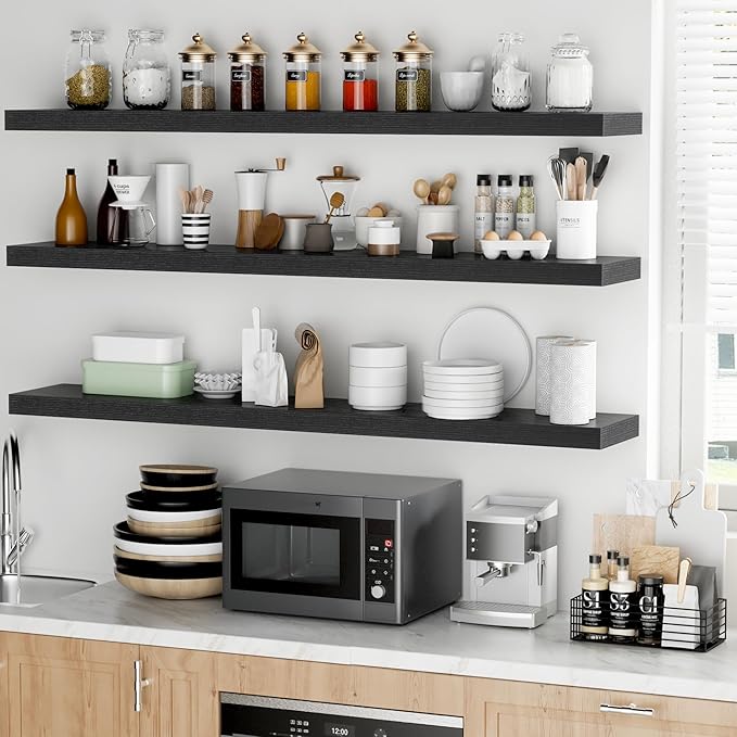 Fun Memories 55 Inch Floating Shelves - 9 Inch Deep Rustic Wooden Wall Shelves - Extra Deeper & Thicker Wall Mounted Storage Shelf for Living Room Kitchen Farmhouse - Rustic Black