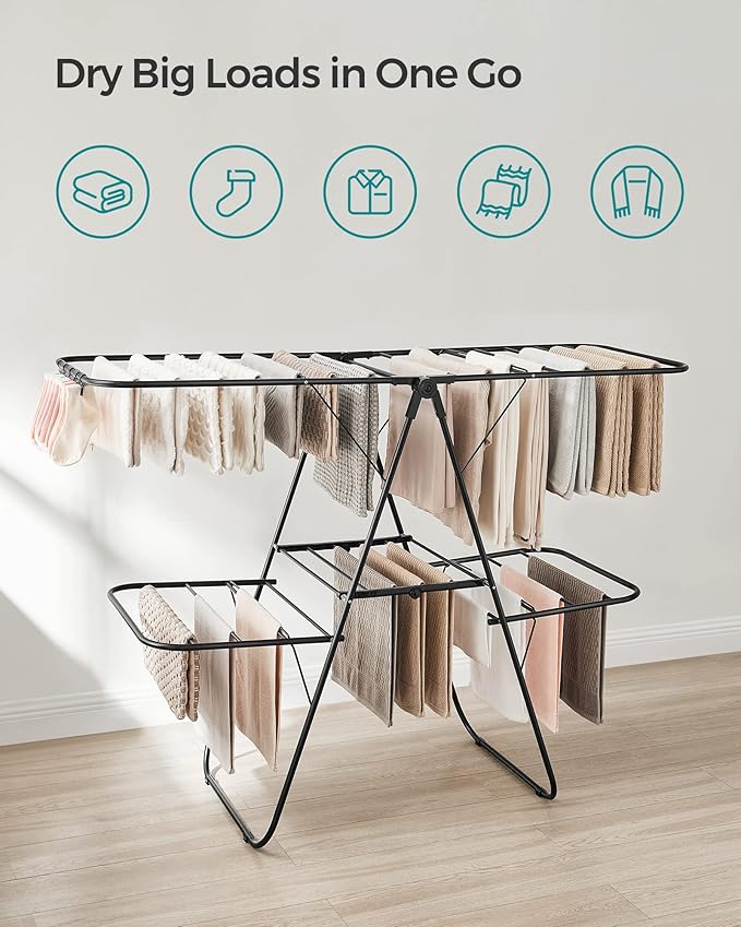 SONGMICS Clothes Drying Rack, Foldable 2-Level Laundry Drying Rack, Free-Standing Laundry Airer, with Height-Adjustable Wings, 33 Drying Rails, Sock Clips, Black ULLR053B01V1