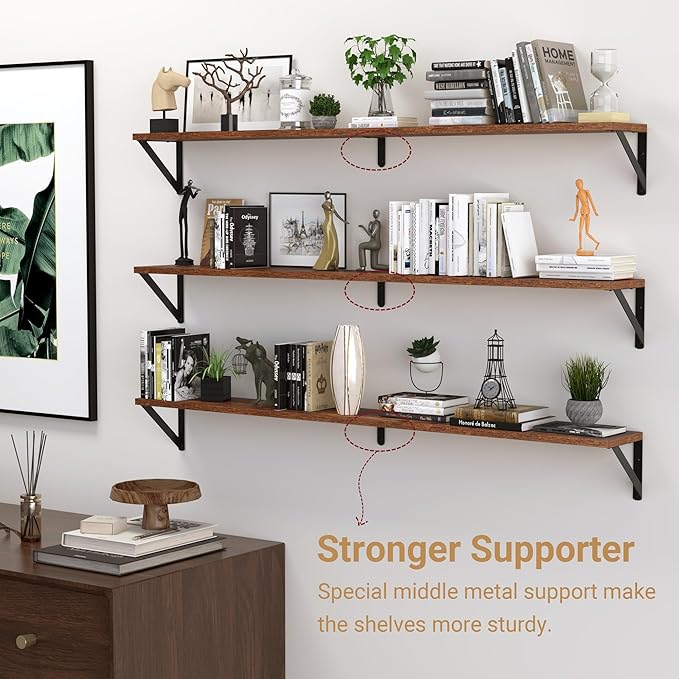 Heimlove 48 Inch Large Wall Bookshelves Set of 3, Wall Mounted Bookshelves,Heavy Duty Wooden Shelves for Living Room,Bedroom,Kitchen,Laundry Room Storage & Decor