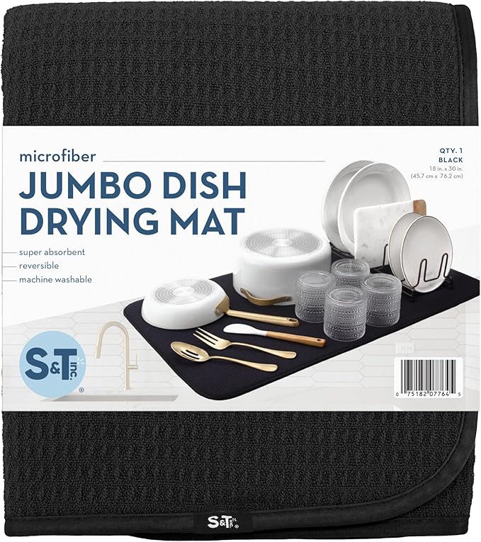 S&T INC. Dish Drying Mat Jumbo, 18” x 30”, Absorbent Microfiber Kitchen Counter Mat, Dish Drying Pad for Dishes, Utensils, Pots and Pans, Jumbo, Black
