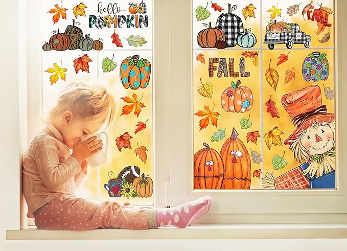 Fall Window Clings Decorations for Glass Fall Watercolor Pumpkin Maple Leaves Scarecrow Truck Window Stickers for Autumn Thanksgiving Harvest Party Home Window Decals Decor