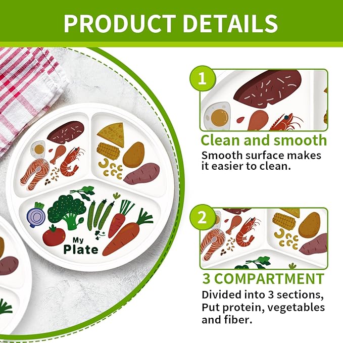 10" 3-Grid Cute Cartoon Portion Control Plate - Melamine, Healthy Nutrition for Weight Loss & Diabetes Management, Ideal for Adults & Teens Kids (2 Pack)